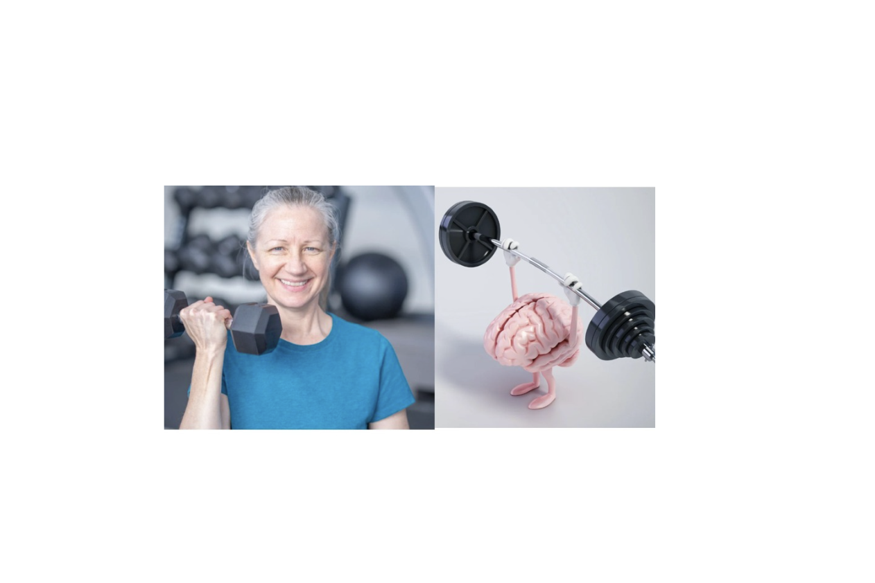 Older woman lifting weights/brain lifting weights