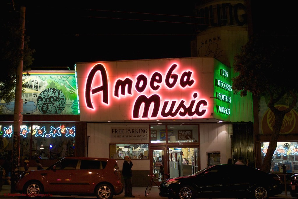 Amoeba music store at night