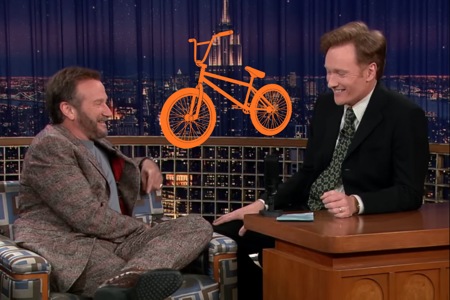 conan o'brien, robin williams, bicycle, comedy, late-night