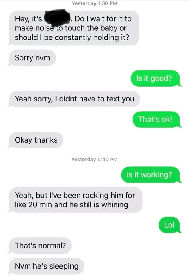 fake baby assignment, parenting class, high school project, viral student texts, chippewa secondary school, andrea lefebvre, real care baby, funny student stories, parenting simulation, teen parenting lesson