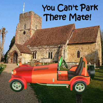 gif of a CGI automobile wiggling in front of a brick building beneath the message, 