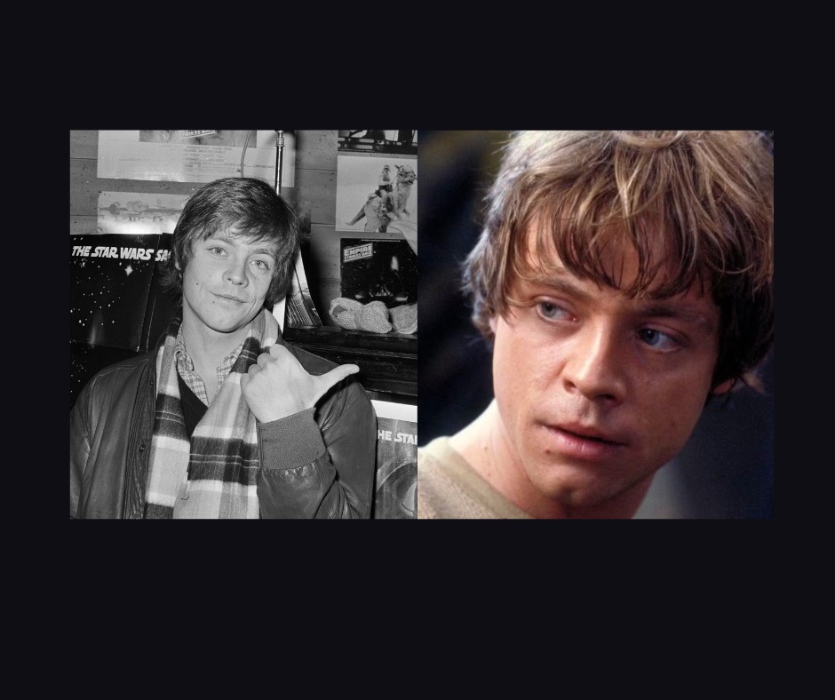 Mark Hamill points to an image of his Luke Skywalker character