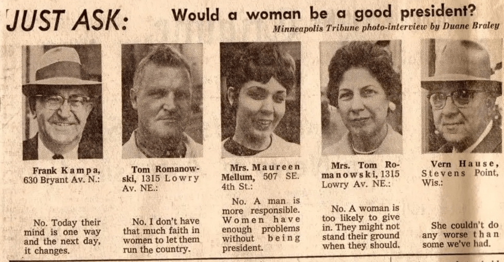 1963 poll, Vern Hause, woman president, Minneapolis Star Tribune, vintage newspaper, viral Reddit, X social, gender norms, history snapshot, retro opinions, public opinion, feminist history, presidential debate, street interviews, viral clip, trending archive, culture shift, then vs now, internet reacts, social media buzz