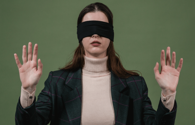 blindfold, woman, mom, hands up, blindfold, mother, blind mother, can't see
