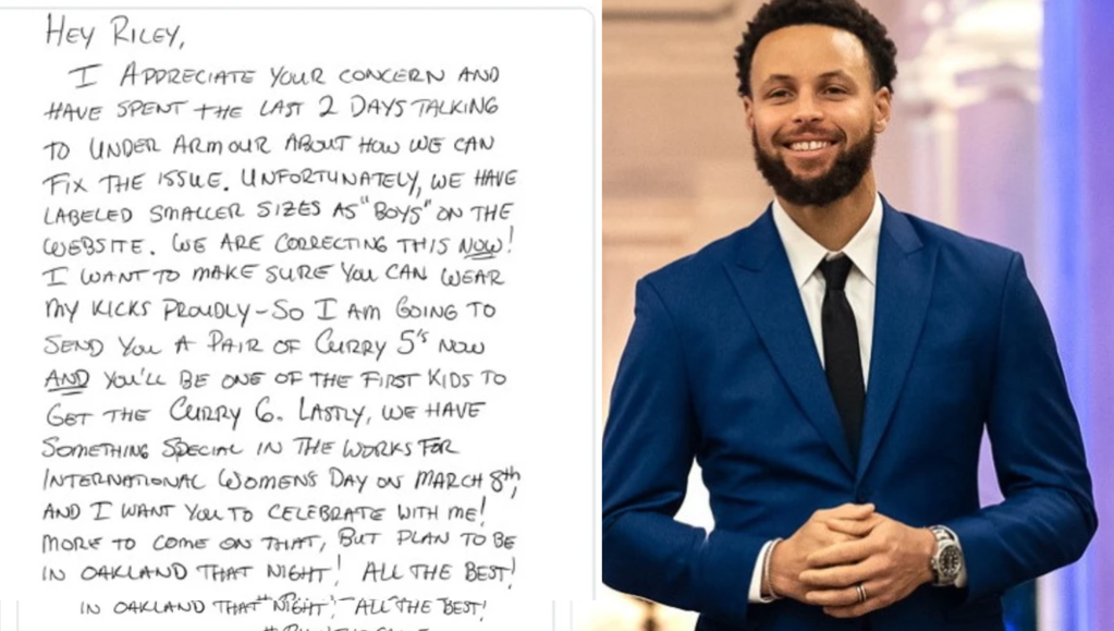Steph Curry sneakers, Riley Morrison letter, gender equality sports, Under Armour Curry shoes, empowering girls sports, women's basketball, Curry shoes girls sizes, athlete advocacy, gender-inclusive products