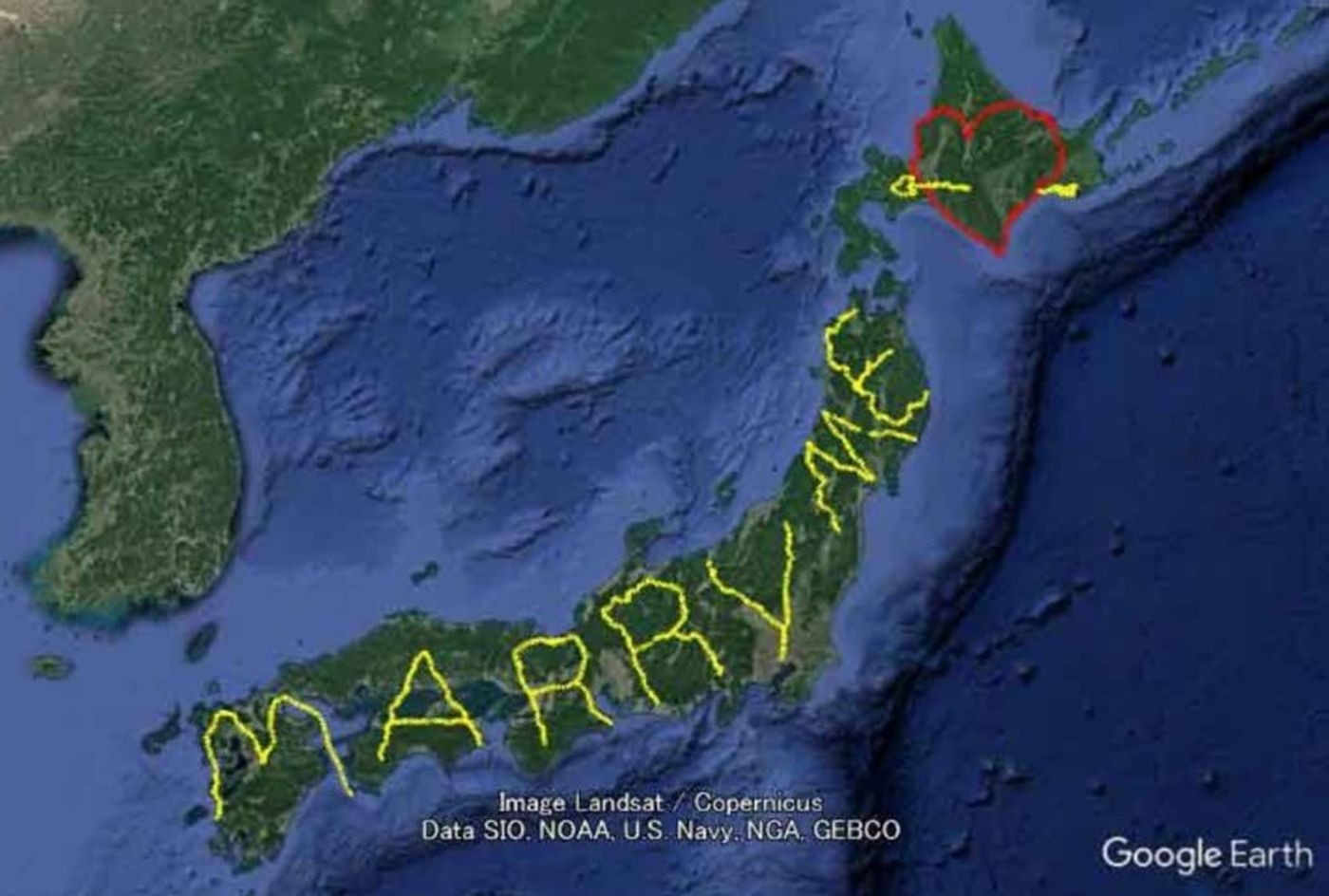 marriage proposal, epic proposal, Google Earth, GPS art, Guinness World Record, Japan, romantic, creative proposal, grand gesture, travel