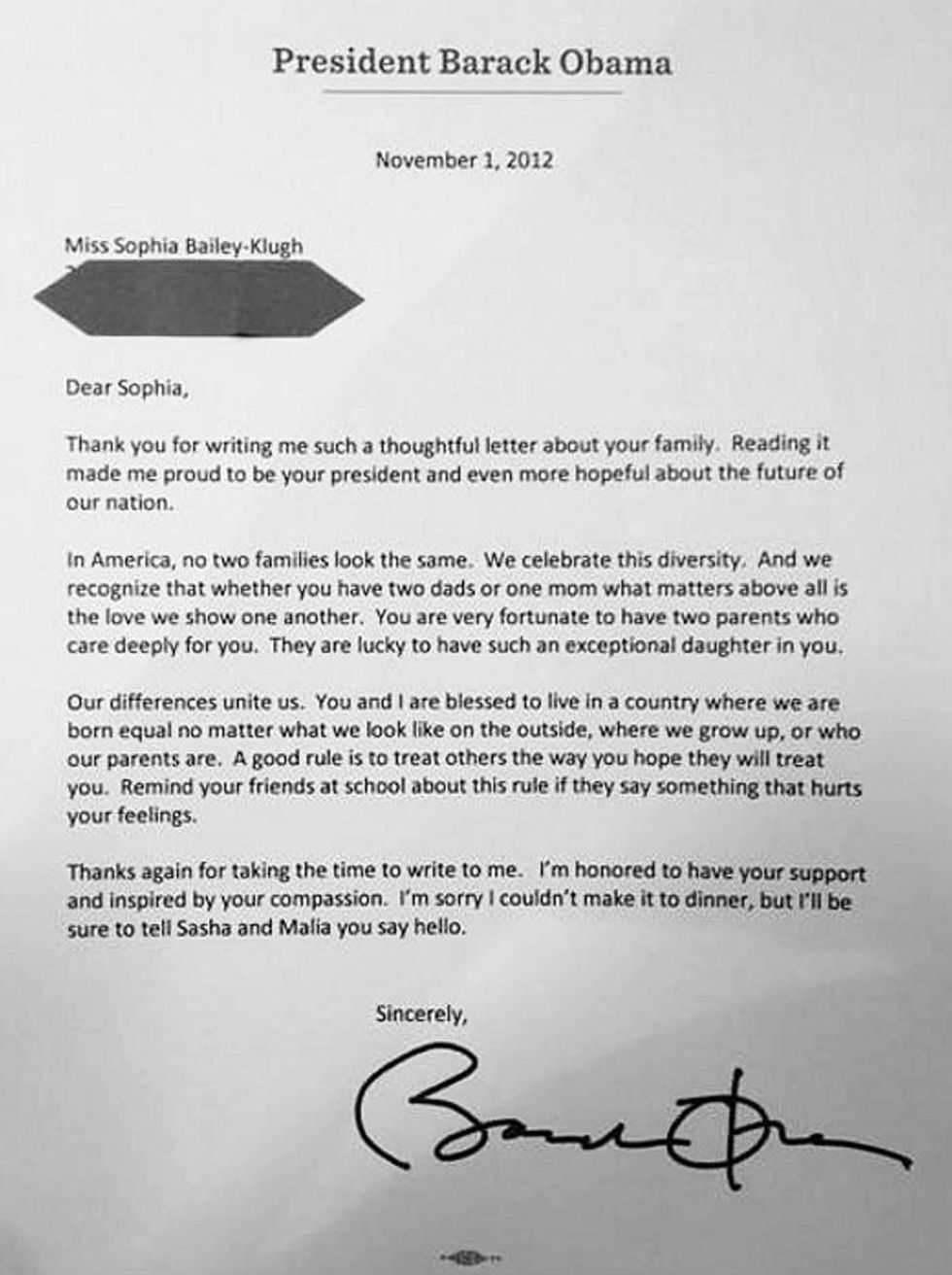 Barack Obama, Sophia Bailey-Klugh, LGBTQ, marriage equality, bullying, two dads, presidential letter, good news, compassion, parenting