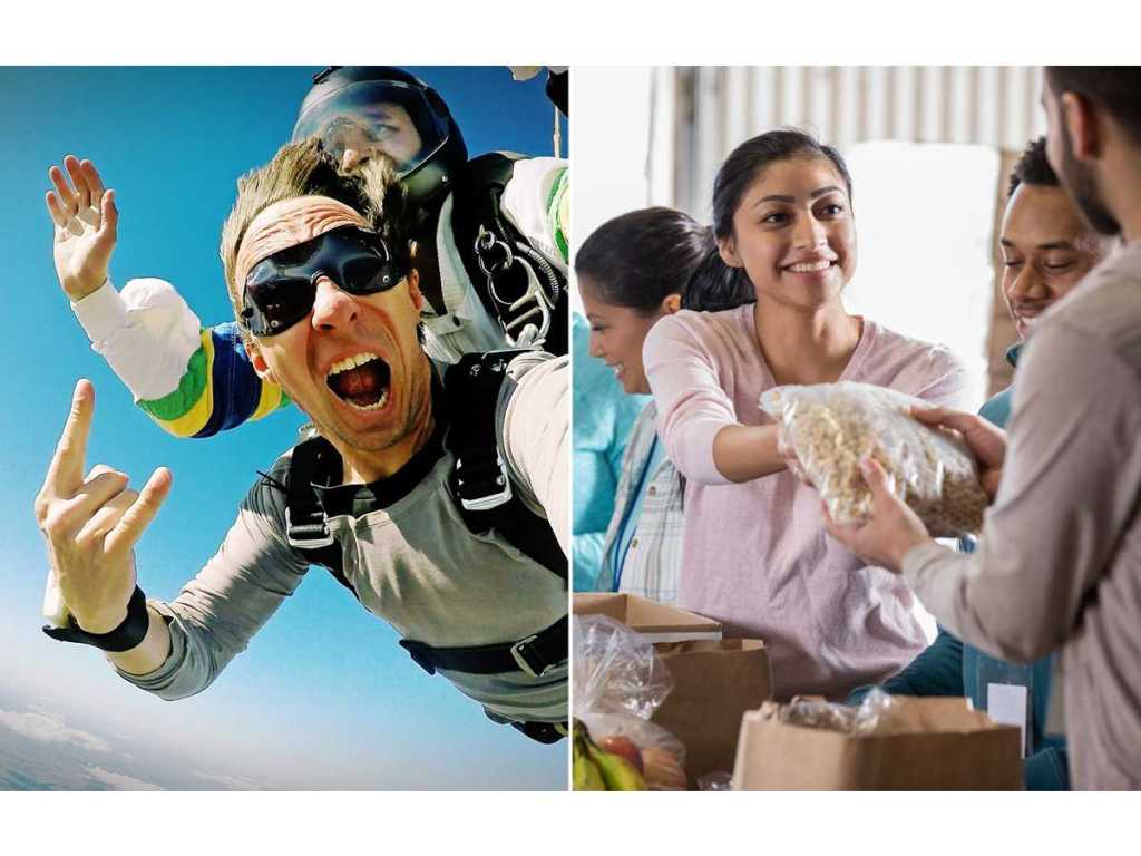 skydiving, volunteer, time, money, happiness, purpose, Reddit, Redditors