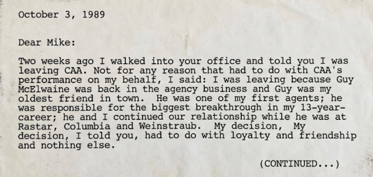 Joe Eszterhas, Michael Ovitz, CAA, Hollywood history, Basic Instinct, show business feud, leaked letter, foot soldiers, super-agent, 1989