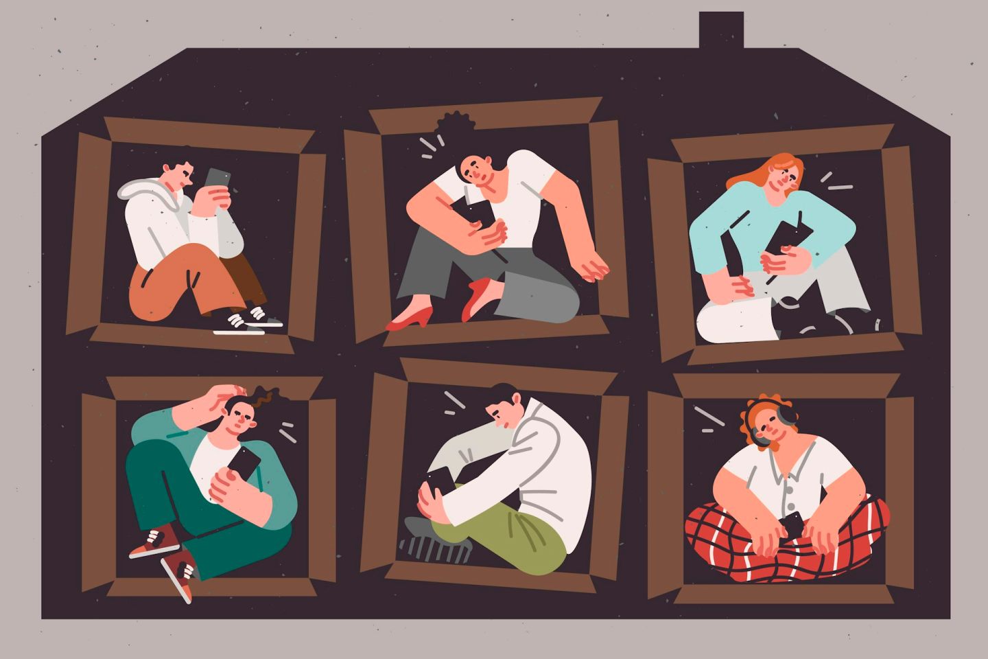 A graphic image shows cartoon people sitting in their own squares on phones in a house with two levels.