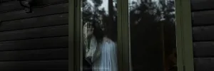 A ghostlike figure peers into a cabin through the glass windows.