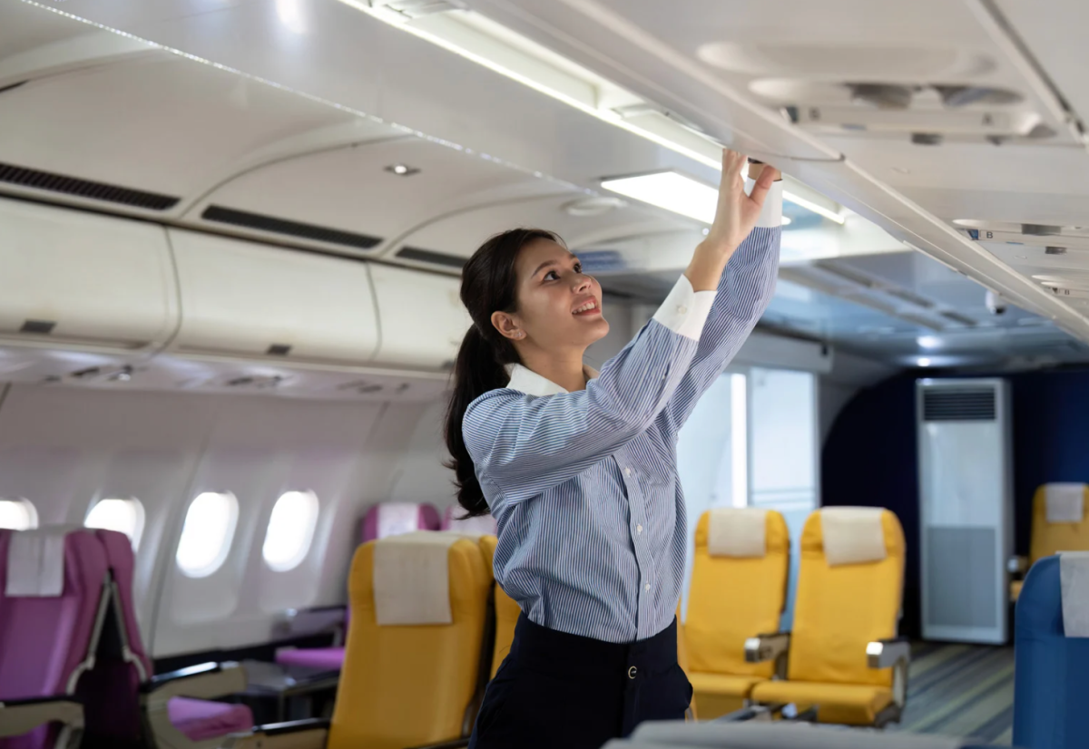 flight attendant rules, overhead bin anxiety, Kat Kamalani TikTok, carry-on luggage tips, flight crew responsibilities, airline injury policies, passenger etiquette