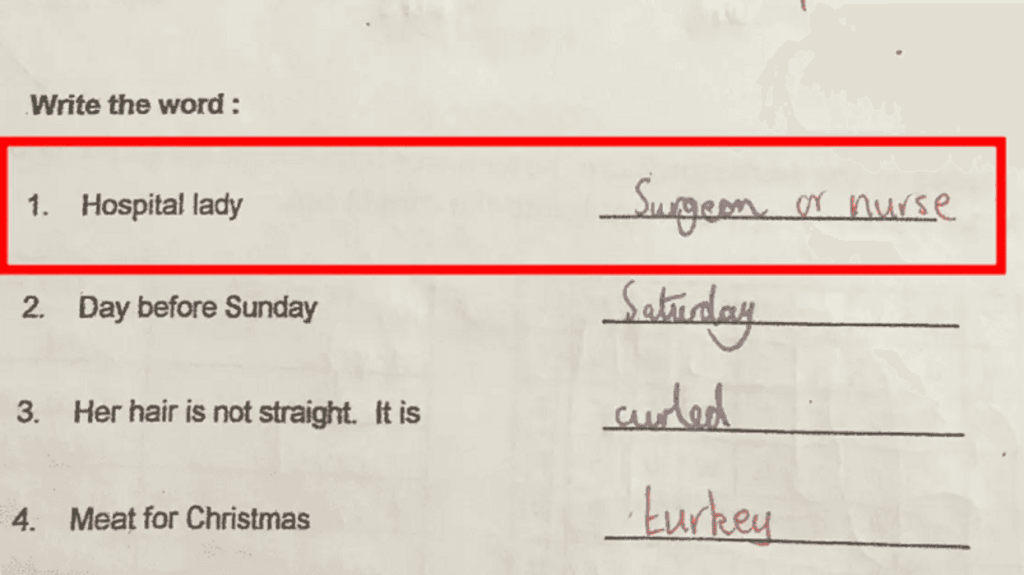 gender stereotypes, homework answer, Yasmine Sutcliffe, female surgeons, representation in education, sexism in schools, hospital lady riddle, Robert Sutcliffe, early childhood development, career gender gap