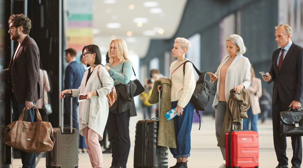 airport, line, airplane tickets, luggage