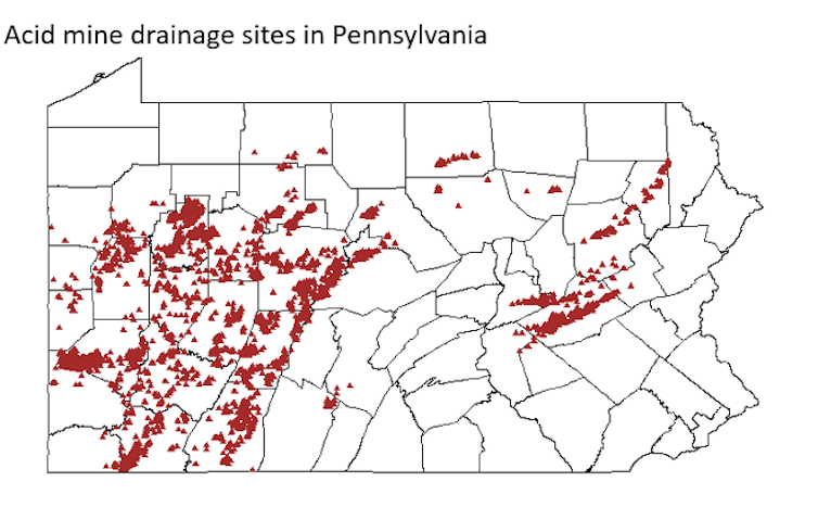 A map shows many acid mine drainage sites, particularly in the western part of the state.