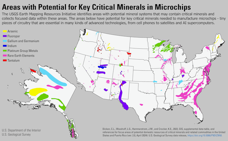 The U.S. Geological Survey has been mapping locations for potential rare earth mining, shown in pink. 