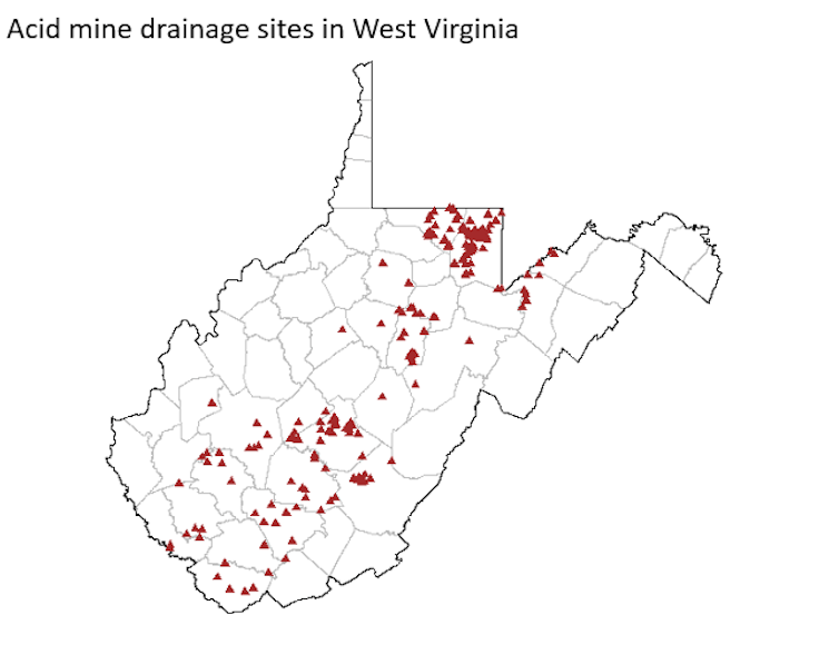 A map shows many acid mine drainage sites, largely in the column from the southwest to the northeast.