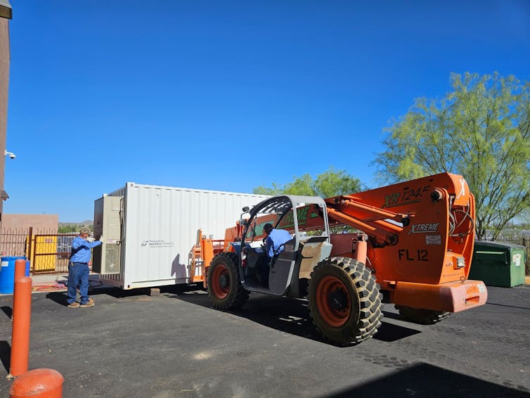 A trailer containing a small water reclamation system.