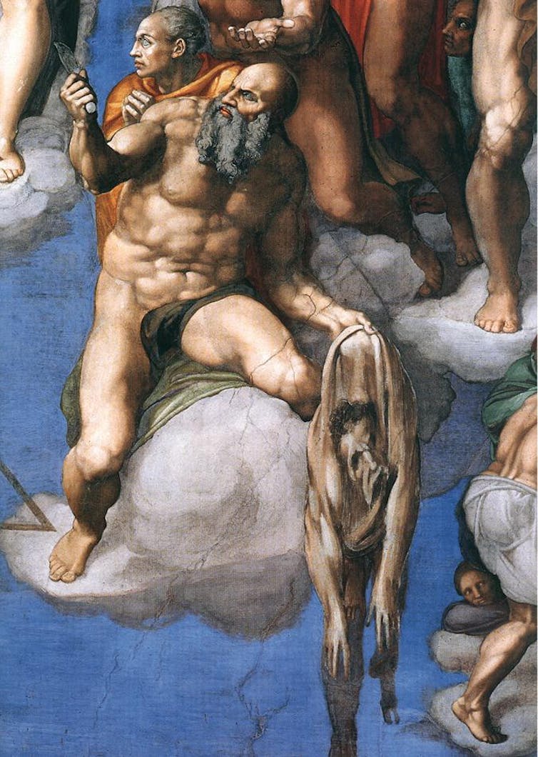A painted scene shows a bearded man holding a knife in one hand and a flayed skin with a human face in the other, while another figure sits just behind him.