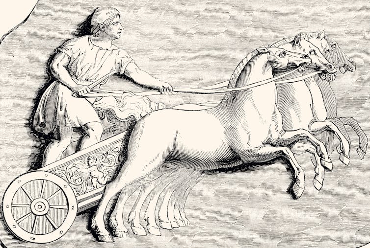 black-and-white engraving of an ancient Roman man standing in chariot holding reigns of four horses