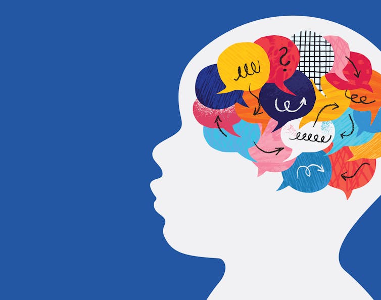 A graphic image shows a young child's head with various colorful thought bubbles inside.