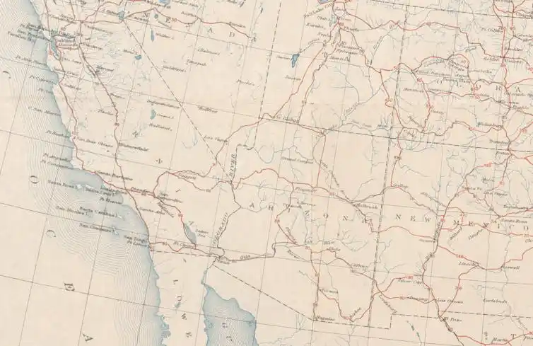 A map of the southwestern United States with a web of highways marked in red.