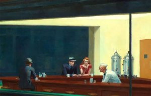 Edward Hopper's Nighthawks painting from 1942, depicting lonely people around a diner.