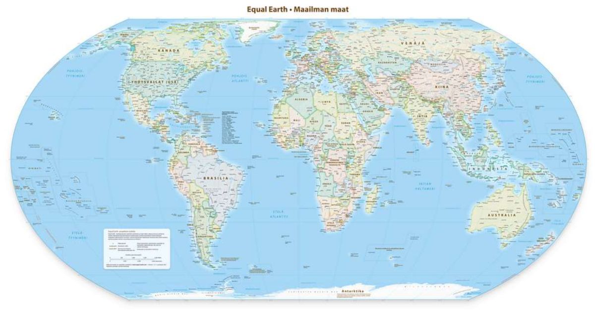Political world map using the Equal Earth projection, showing countries at their relative sizes.
