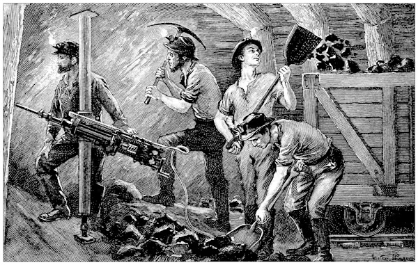 An engraving depicting miners using picks and shovels.